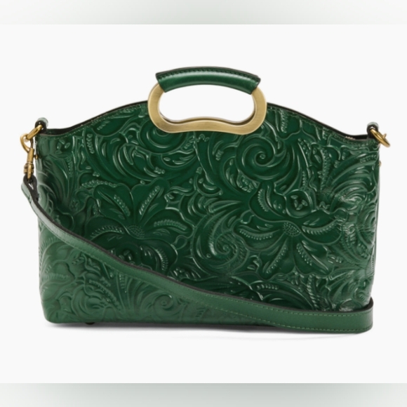 NWT Patricia Nash Valletta Tooled Leather Satchel with Crossbody Strap, Green - Picture 2 of 12
